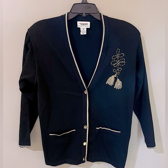 Vintage Talbots Black Wool Cardigan Sweater
Gold Trim Sz small Made in Italy - Picture 1 of 6